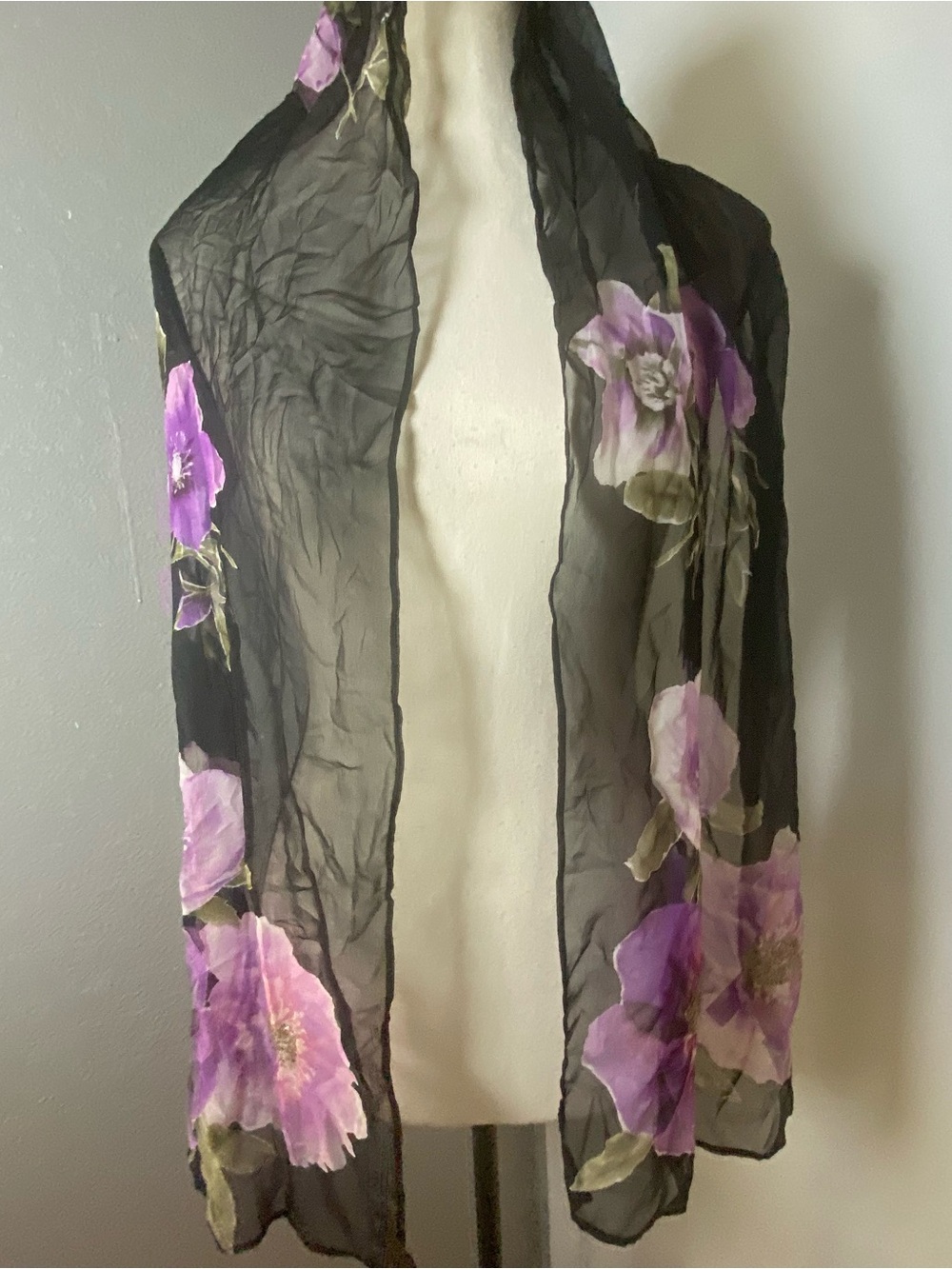 Y2K 100% Silk Purple & Black Floral Chiffon Beaded Scarf - Picture 2 of 10